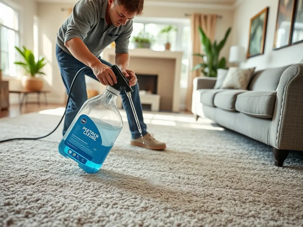A professional cleaning technician applying stain protection spray to a freshly cleaned carpet, ensuring long-lasting cleanliness and resistance to future stains.