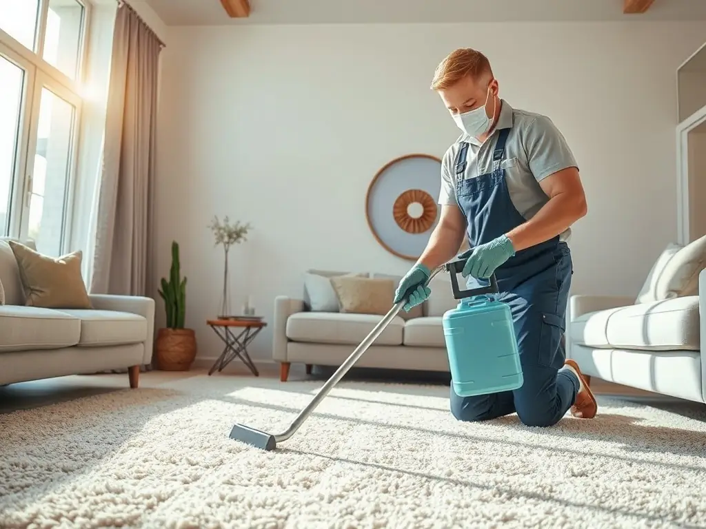 A technician using eco-friendly cleaning solutions on a carpet, with a focus on the green and environmentally conscious aspect of the service.