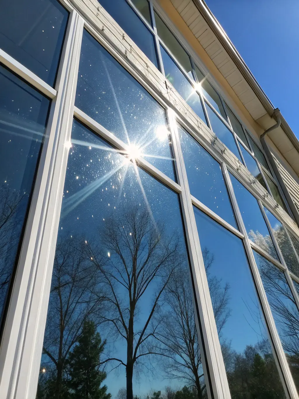 An image of professionally cleaned windows and glass surfaces, reflecting light and showcasing the clarity achieved through bond cleaning.