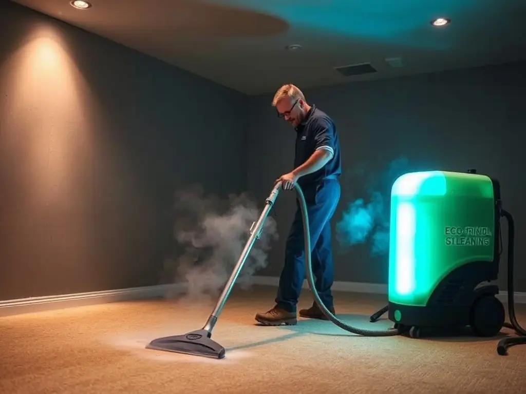 A close-up shot of a carpet cleaning technician using a professional steam cleaner on a heavily stained carpet, with visible dirt and grime being extracted.